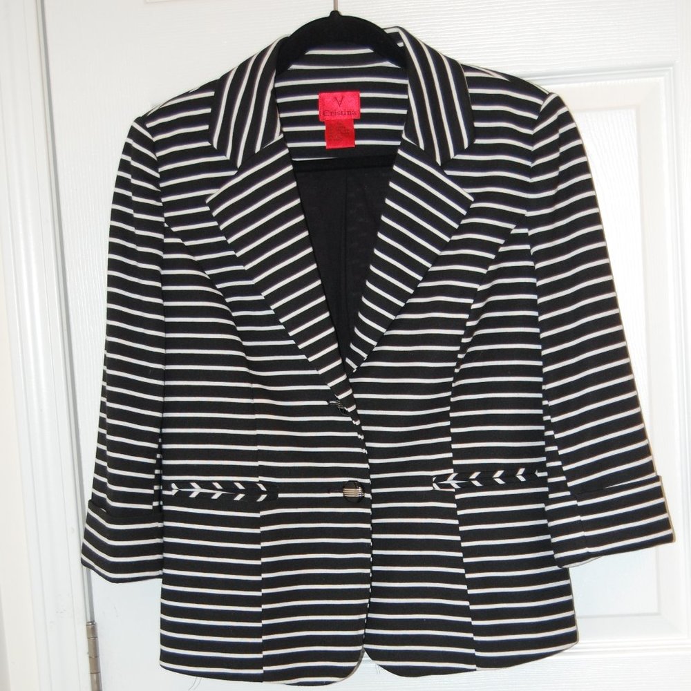 Christine V Black & White Striped 2 Button Women's Jacket Size Medium